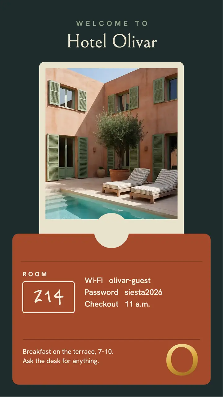 Hotel Olivar key-card sleeve welcome story template