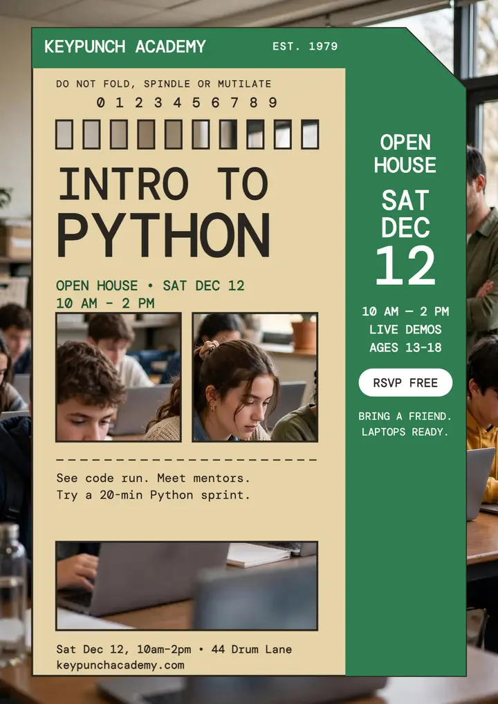 Keypunch Academy open house punch card: coding open house flyer template