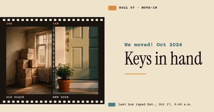 Keys in hand moving announcement, half-frame film: moving announcement post template