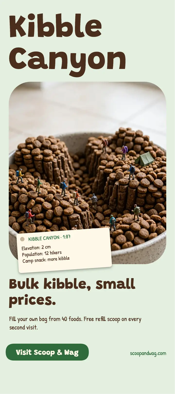 Scoop & Wag kibble canyon rack card: pet shop rack card template