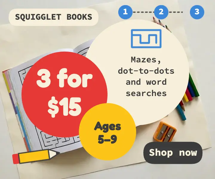 Squigglet Books 3 for $15 activity book ad: kids activity book ad template