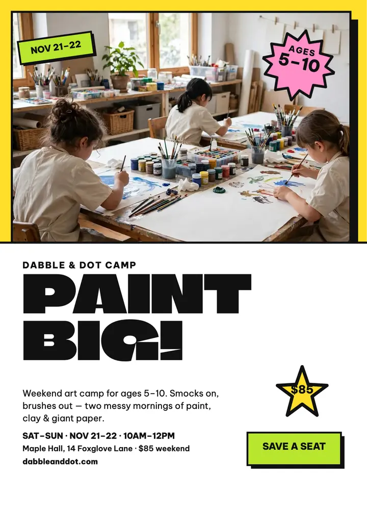 Dabble and Dot weekend art camp flyer template