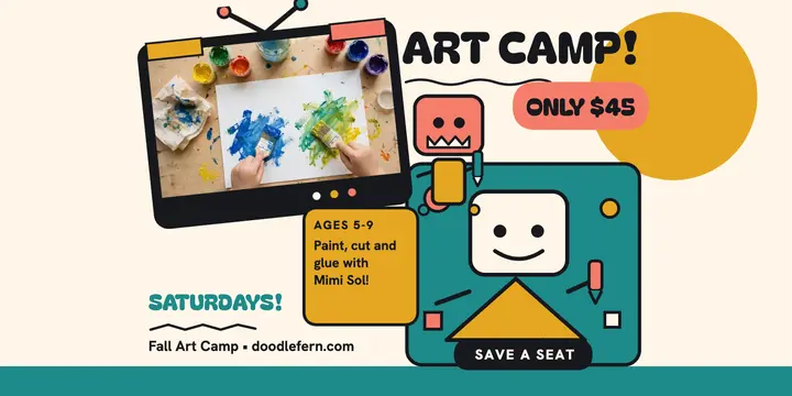 Doodlefern Saturday art camp cartoon post: kids art camp post template