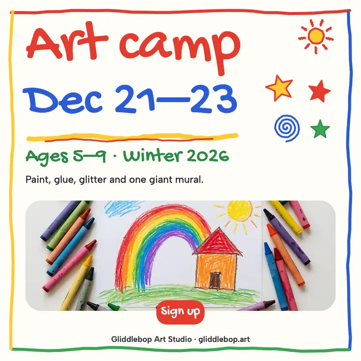 Kids winter art camp sign-up post, crayon doodle template