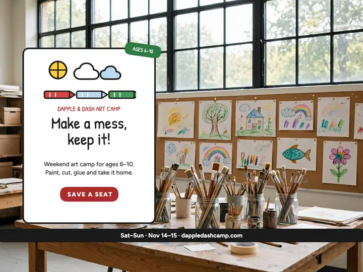 Dapple and Dash weekend art camp slide: art camp enrollment slide template