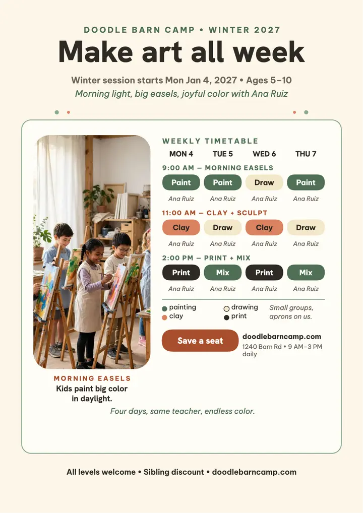 Doodle Barn Camp art camp timetable template
