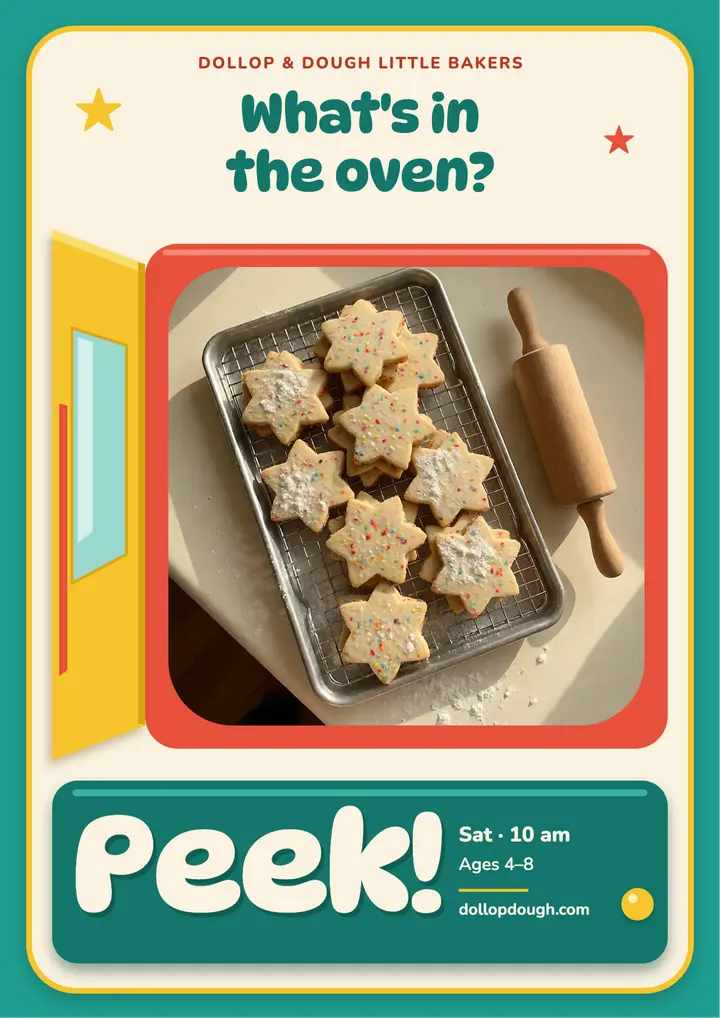 Little Bakers kids baking class lift-the-flap flyer: kids baking class flyer template