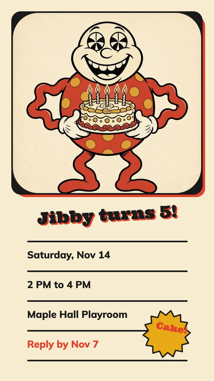 Kids birthday party invitation, rubber-hose cartoon story template