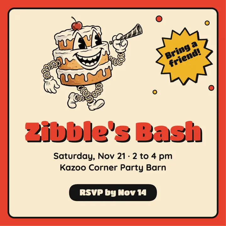 Zibble's Bash kids birthday party invitation template