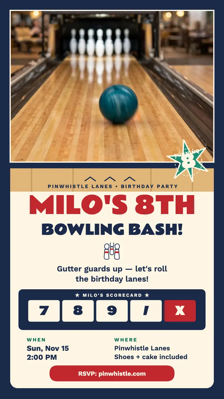 Milo's bowling birthday story invite template