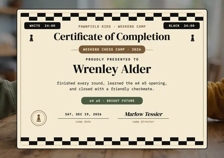 Pawnfield Kids chess camp certificate template