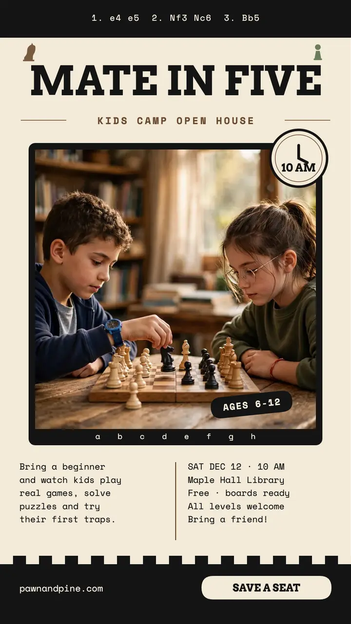 Pawn and Pine kids chess camp open house story template