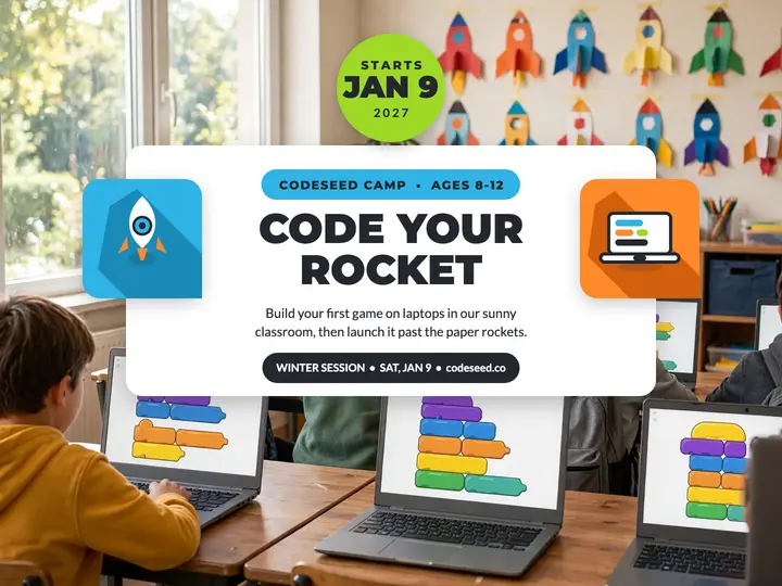 Codeseed Camp code slide: kids coding camp slide template
