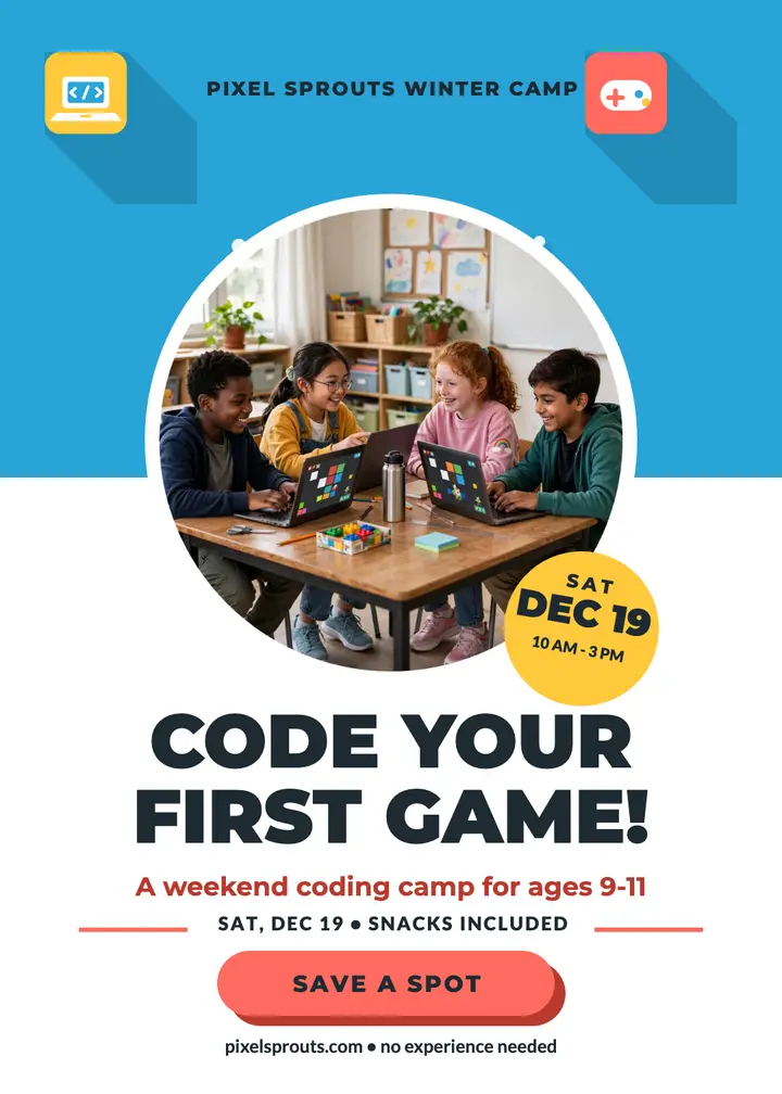 Pixel Sprouts coding camp flat invitation template