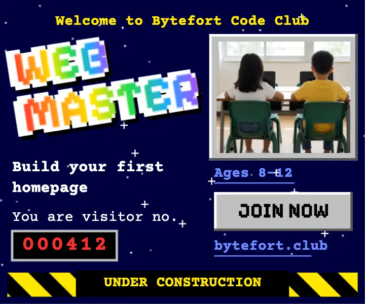 Bytefort Code Club retro homepage ad: kids coding club ad template