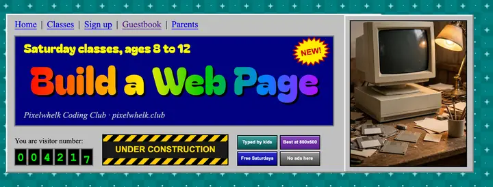 Pixelwhelk kids coding club Facebook cover, web 1.0 homepage template