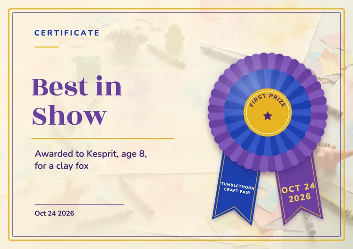 Kids' craft fair Best in Show certificate with prize rosette template