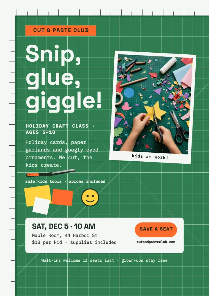 Cut and Paste Club holiday craft class flyer template