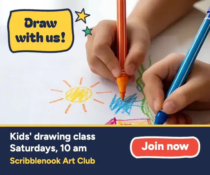 Scribblenook Art Club kids drawing class ad template