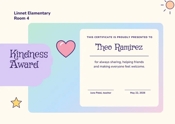Kids kindness award certificate template