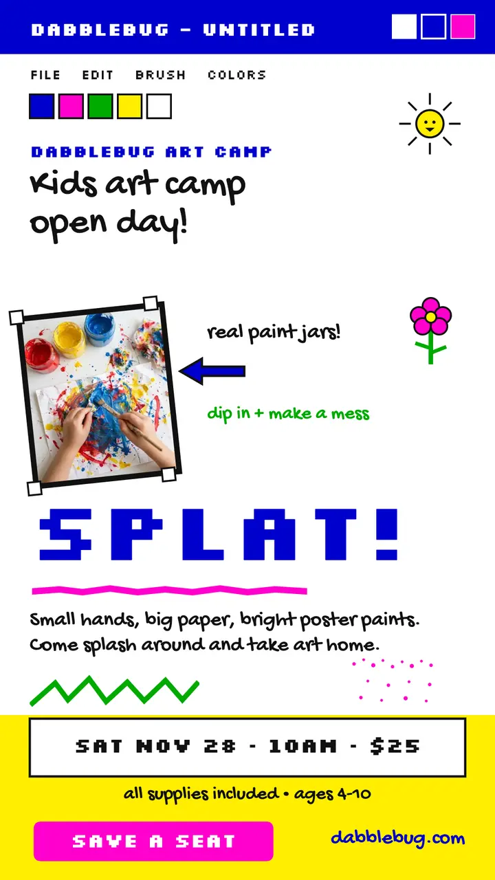 Dabblebug Art Camp open day story template