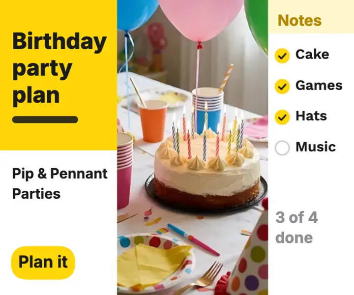 Pip & Pennant kids party planner ad template