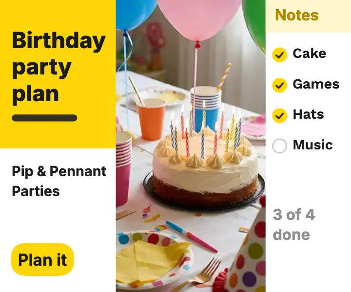 Pip & Pennant kids party planner ad template