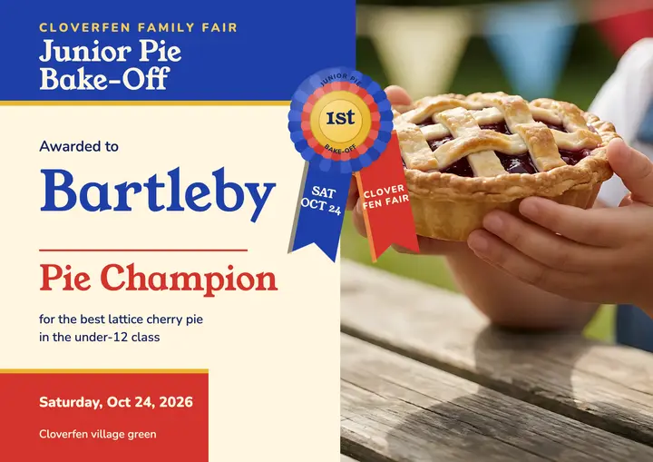 Cloverfen junior pie bake-off champion certificate template