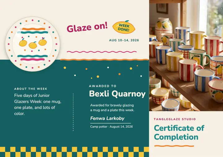 Kids pottery camp completion certificate, painted pottery template