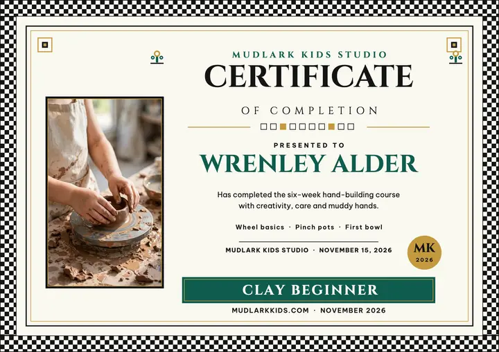 Mudlark pottery course certificate template