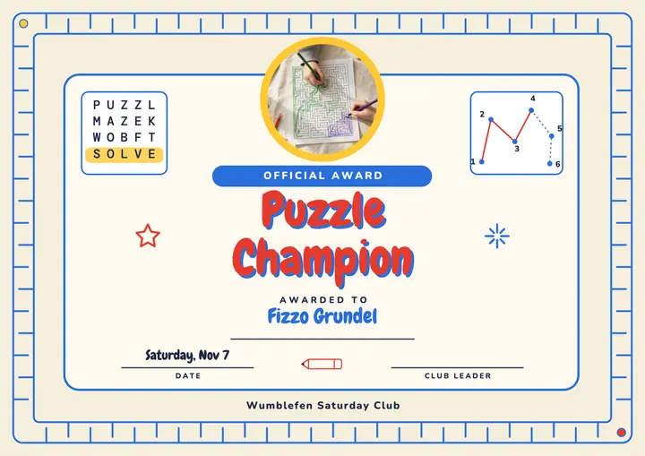 Puzzle Champion kids certificate, activity book page template