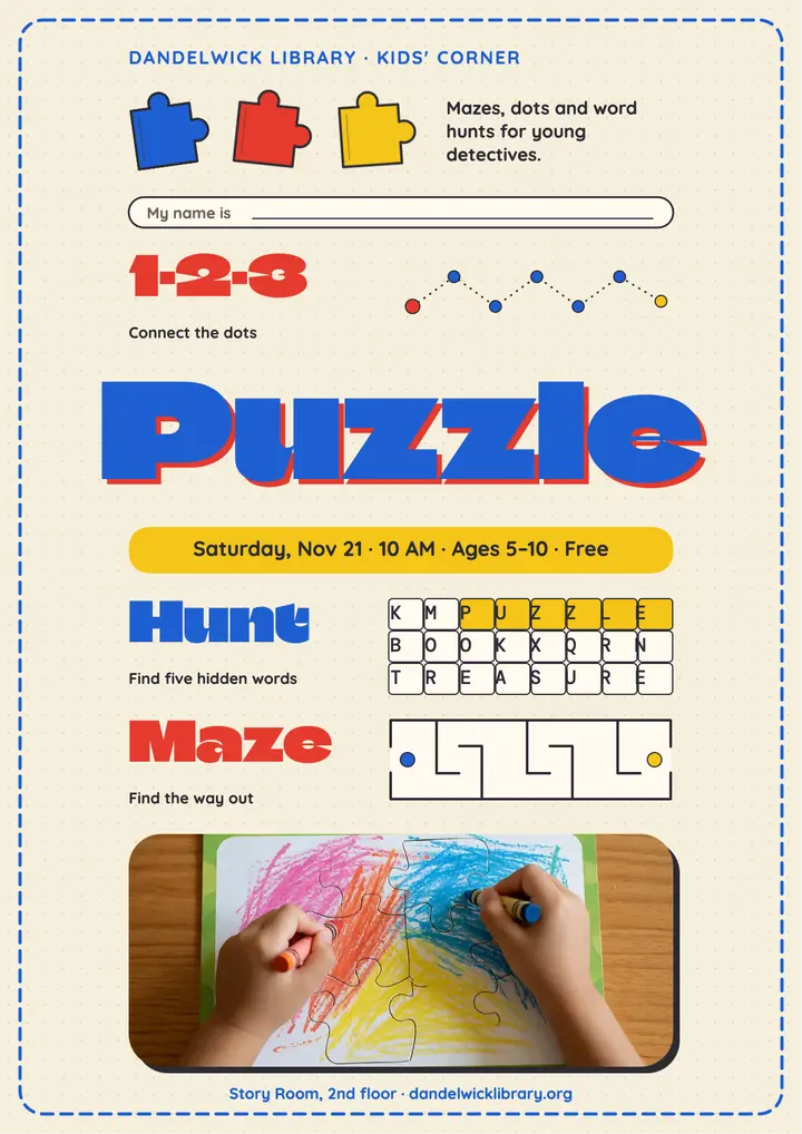 Kids puzzle morning library flyer, activity book page template