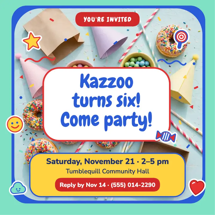 Rainbow donut and candy sixth birthday invitation template