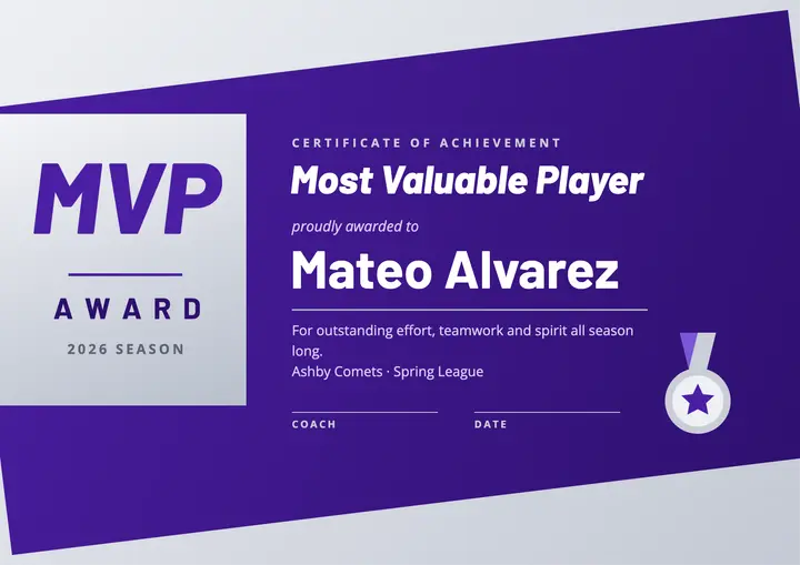 Kids sports MVP award certificate template