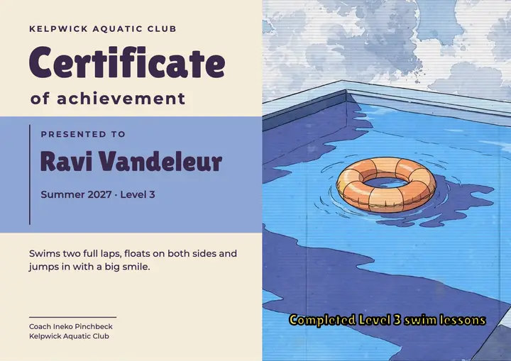 Kelpwick Aquatic Club swim achievement certificate template