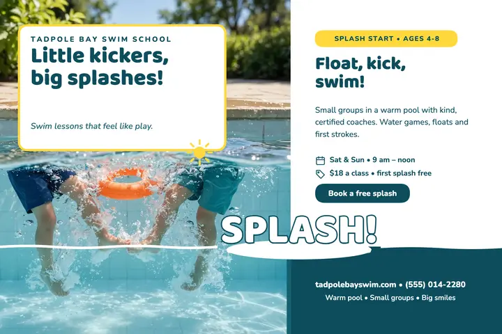 Tadpole Bay swim lessons split postcard: kids swim lessons postcard template