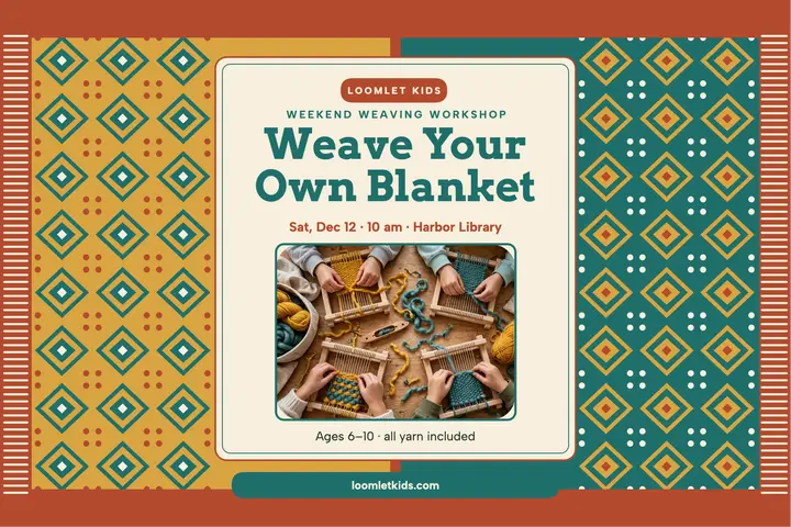 Loomlet Kids weaving workshop postcard: weaving workshop postcard template