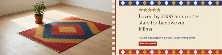 Sandari kilim rugs five-star reviews banner: etsy shop banner reviews template