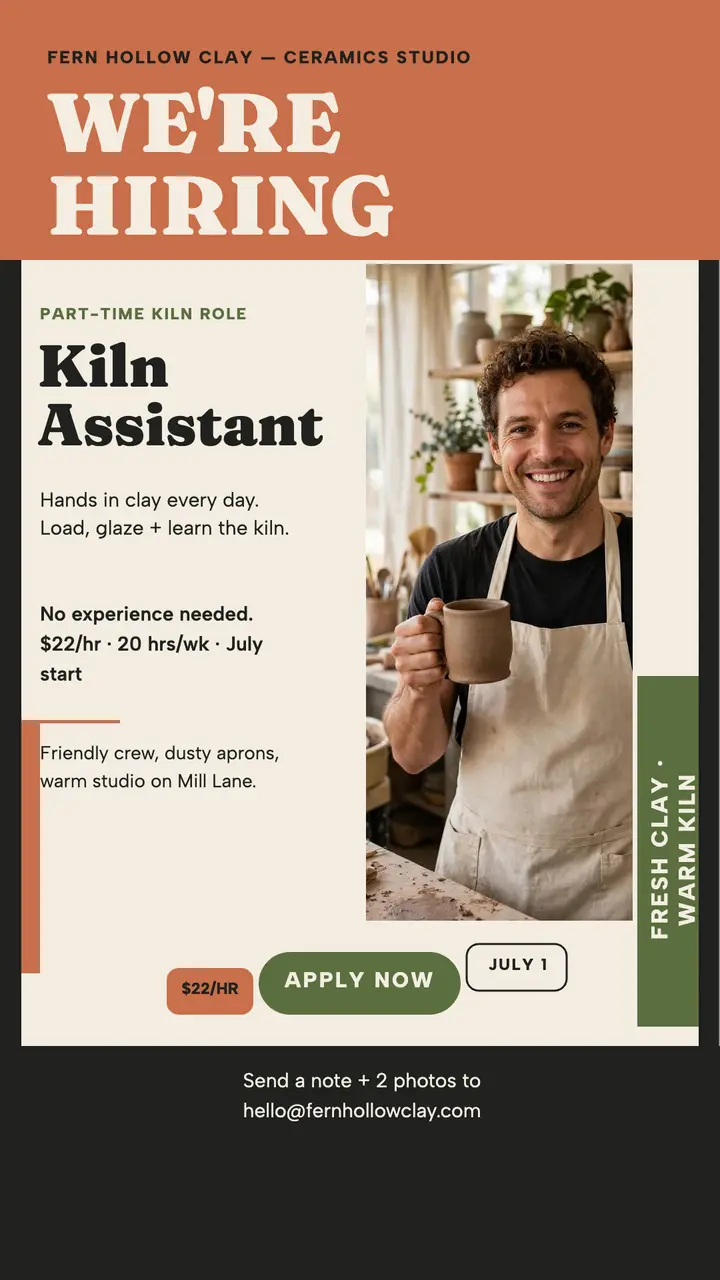 Fern Hollow Clay kiln assistant hiring story template