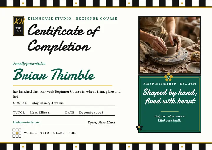 Kilnhouse pottery beginner certificate template
