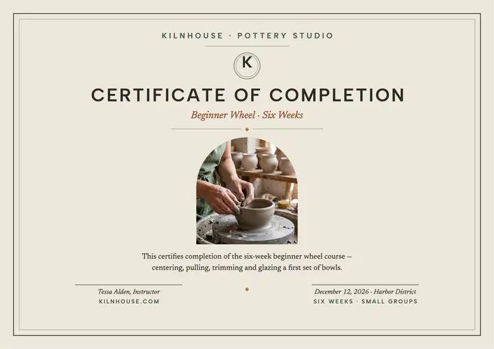 Kilnhouse pottery course certificate template