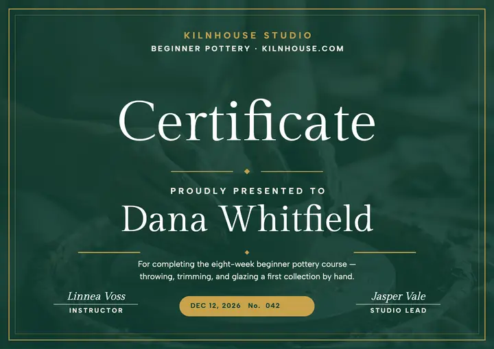 Kilnhouse pottery course certificate template