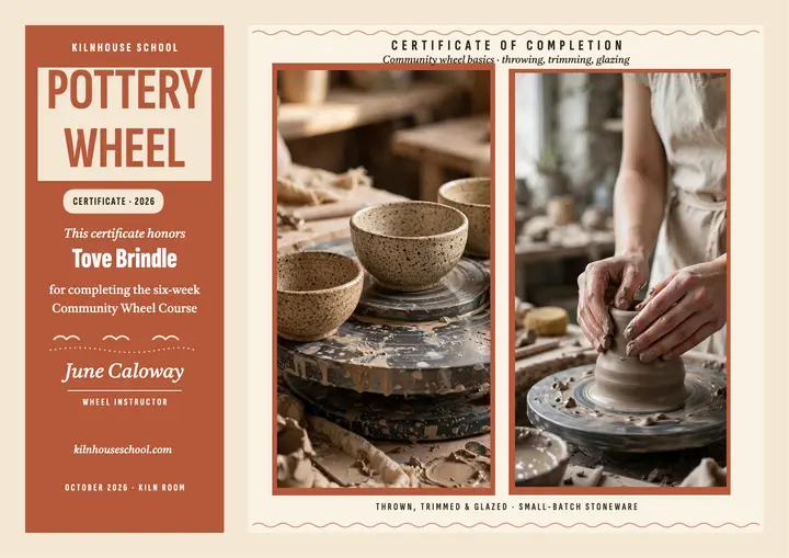 Kilnhouse pottery wheel course certificate template