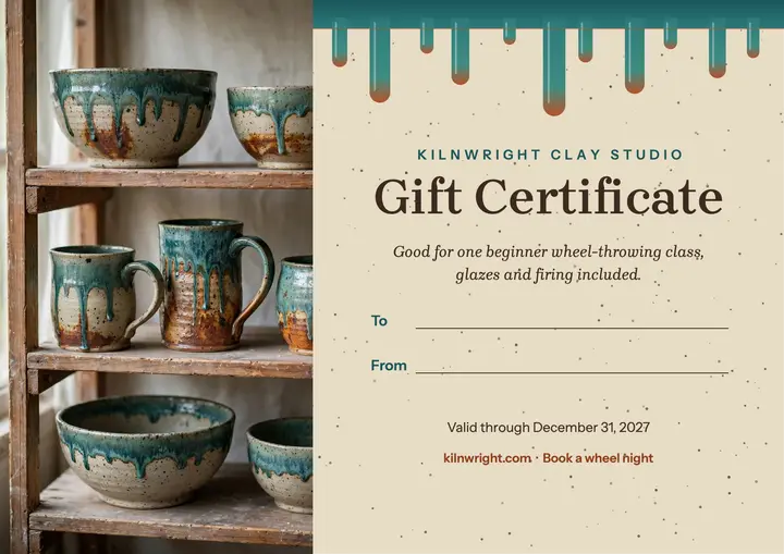 Kilnwright pottery class gift certificate: pottery class gift certificate template