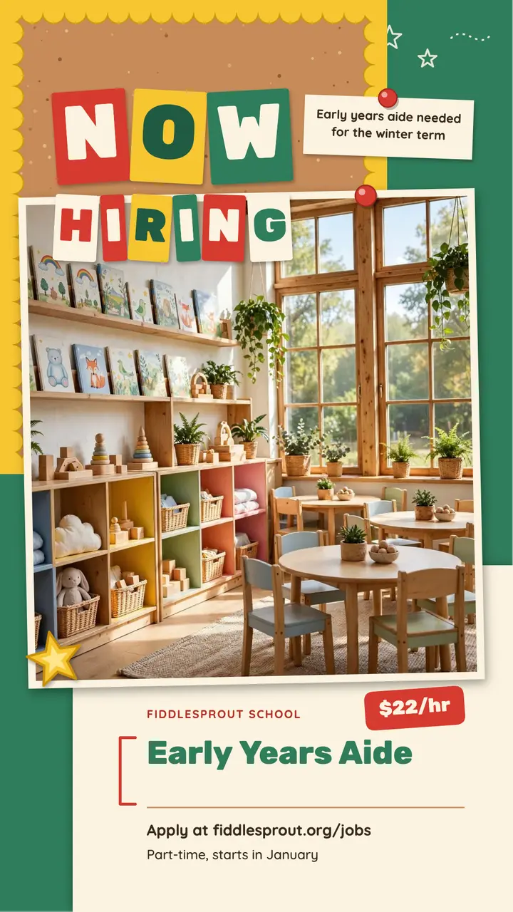 Kindergarten aide hiring story, bulletin board template