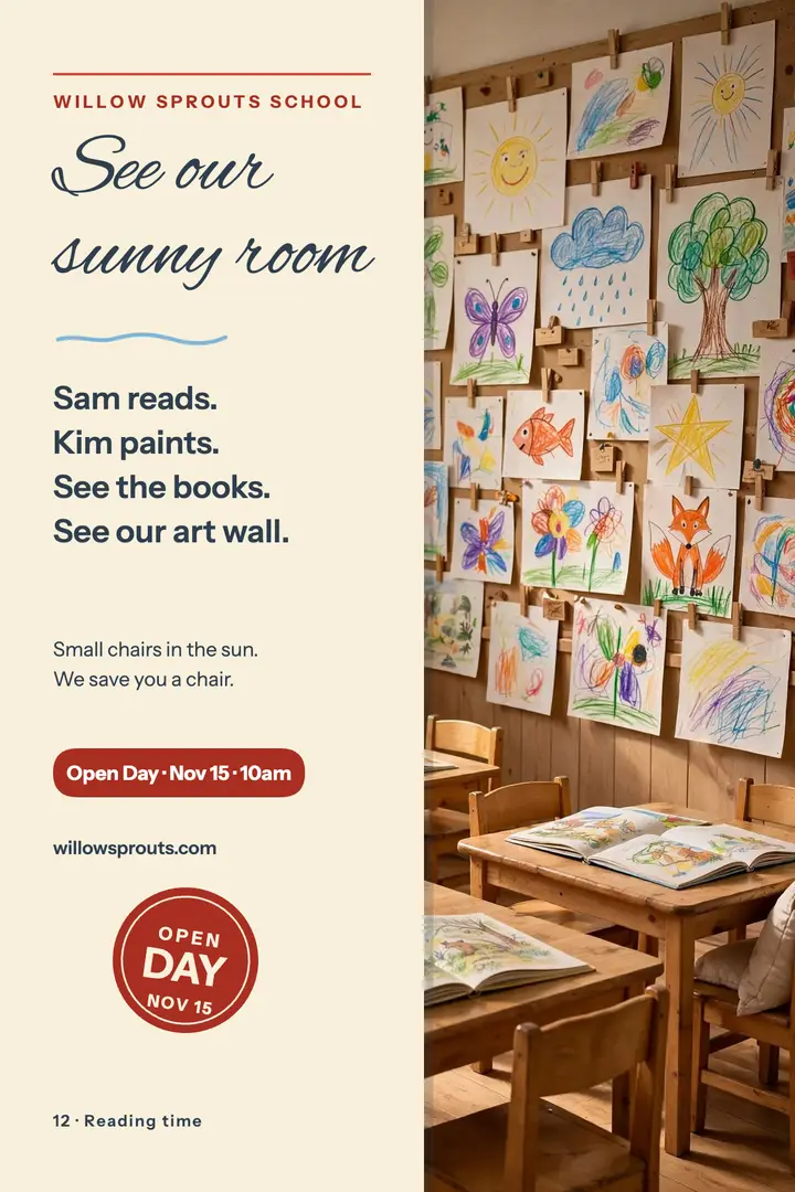 Willow Sprouts open day reader poster: kindergarten open day poster template