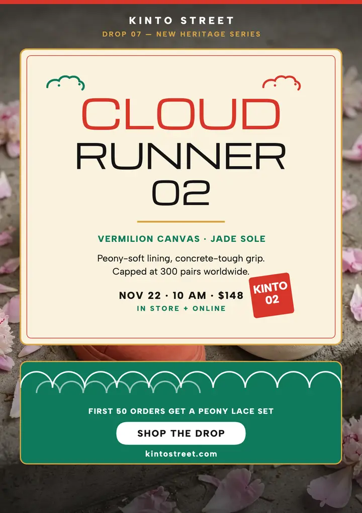 Kinto Street Cloudrunner 02 sneaker drop flyer: sneaker drop flyer template