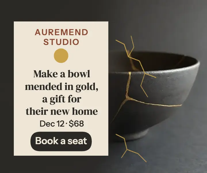 Gold-seamed bowl housewarming workshop ad: housewarming workshop ad template