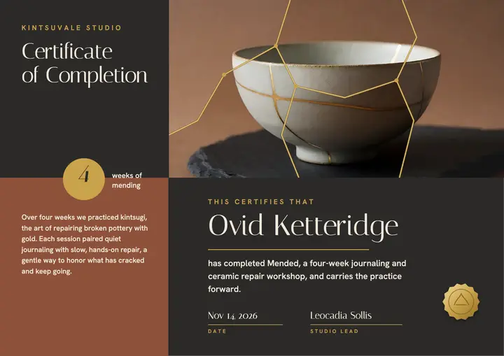 Mending workshop certificate, kintsugi seams template