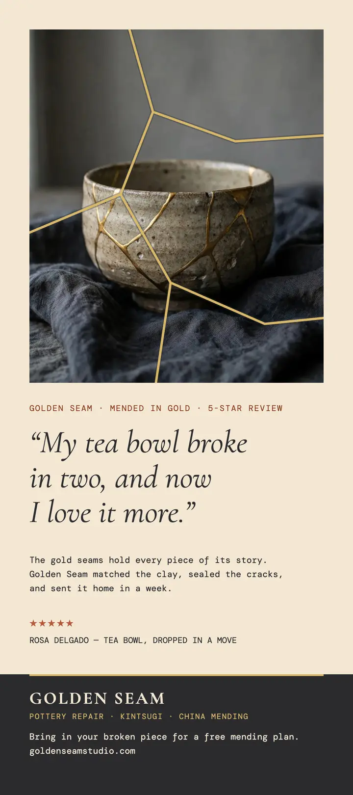 Golden Seam pottery repair review card template